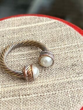 Two-Tone Cable Open Ring with Pearled Ends - Silver & Rose Gold